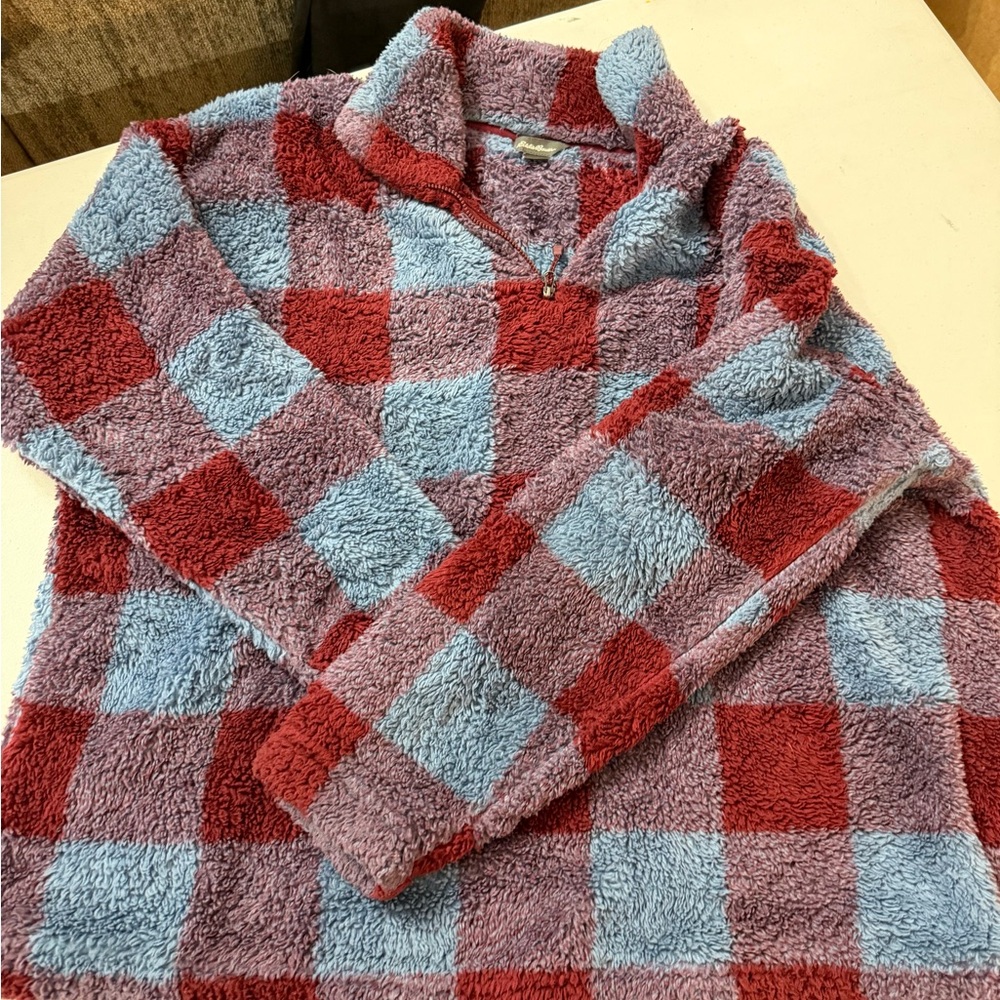Eddie Bauer Red and Blue Checkered Zip-Up Sweater